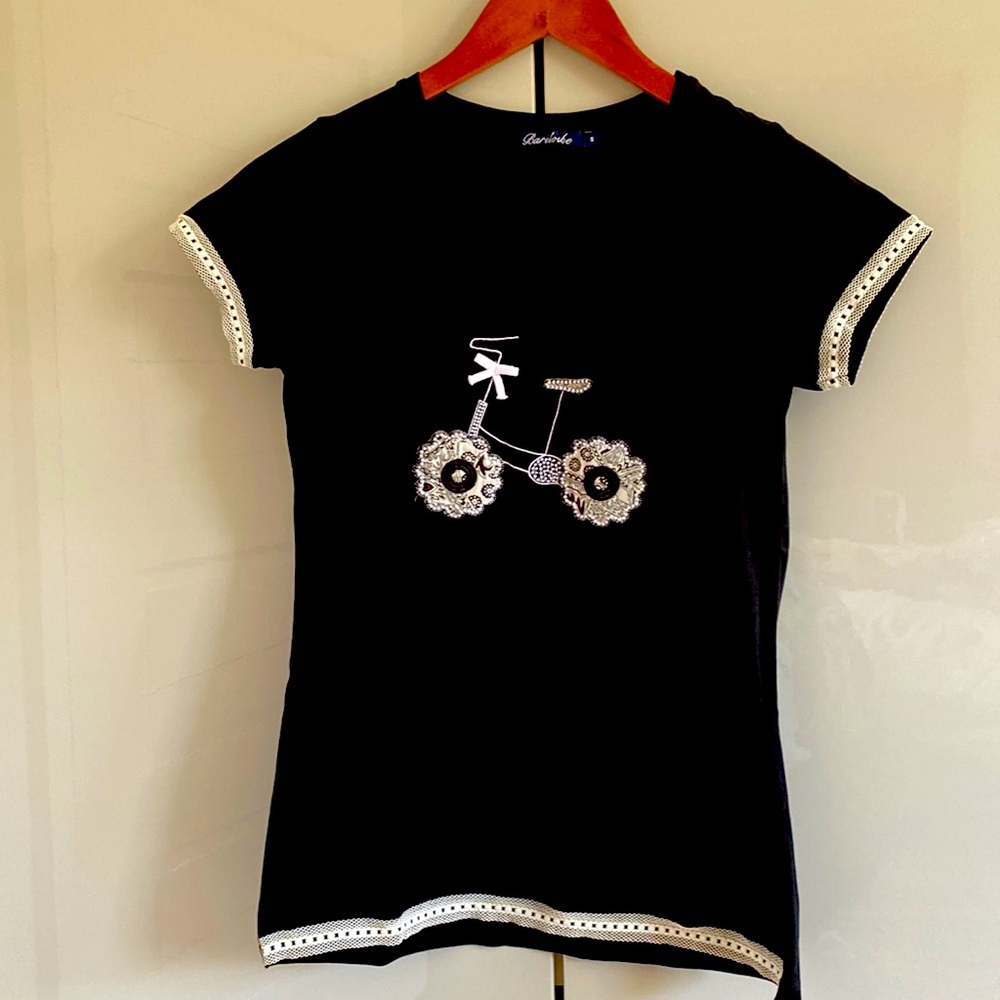 V- neck black T-shirt with bicycle design  done in patch work, and lace